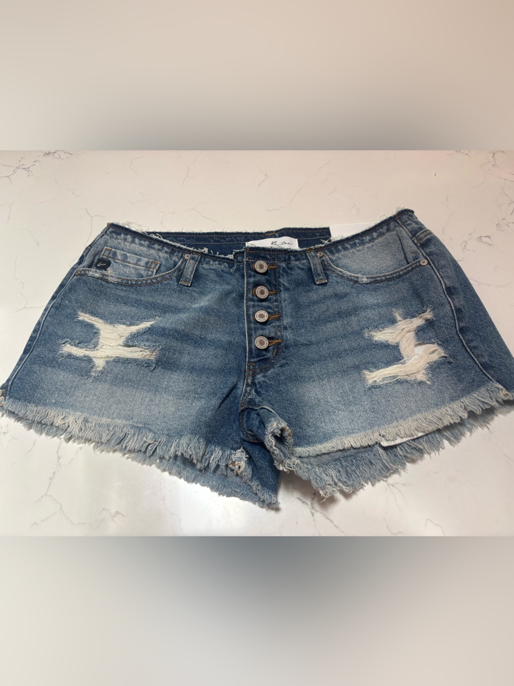 KanCan Medium Blue High-Rise Distressed Denim Shorts with Button Fly
